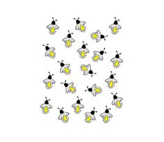 a group of bees with yellow and black spots on their wings, all facing different directions