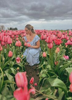 a woman kneeling in the middle of a field full of pink tulips with dark clouds overhead