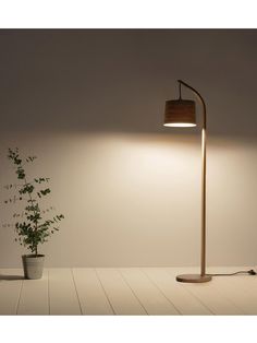 a floor lamp next to a potted plant in an empty room with white walls