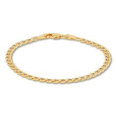 This stylish bracelet features hollow curb links and is crafted in iconic 14K yellow gold for a classic look. The chain measures 6 inches and secures with lobster clasp. The chain width is 3.2mm. Classic Link Charm Bracelet With Curb Chain, Classic Cuban Link Bracelet With Lobster Clasp, Yellow Gold Link Charm Bracelet With Curb Chain, Yellow Gold Charm Bracelet With Curb Link Chain, Classic Gold Bracelet With Oval Link Curb Chain, Classic Yellow Gold Charm Bracelet With Curb Chain, Yellow Gold Cuban Link Bracelet With Lobster Clasp, Gold Link Chain, Kay Jewelers