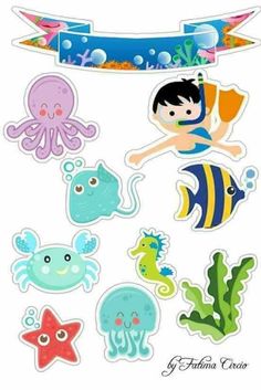 an assortment of stickers with different types of sea animals and fish on it's sides