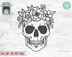 a skull with flowers on it's head is shown in front of a wooden background