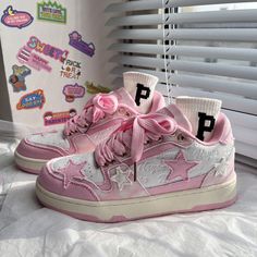 Theme - Y2K · sugarplum · Online Store Powered by Storenvy Pink Star Shoes, Kawaii Platform Shoes, Shoes Y2k, Y2k Shoes, Dr Shoes, Harajuku Women, Kawaii Shoes, Tennis Sneakers, Pink Star