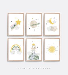 four framed art prints with the words frame not included in different colors and shapes, each featuring