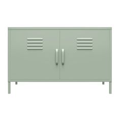 a green cabinet with two doors and three drawers