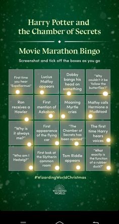 the harry potter and the chamber of secrets movie marathon bingo game on a green background