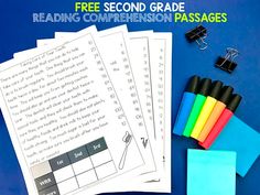 the free second grade reading companion passages are on display with markers, pens and binders