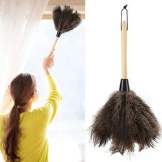 a woman is holding a duster in front of a window and an image of a broom