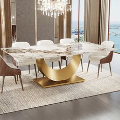 a dining room table with chairs and a chandelier