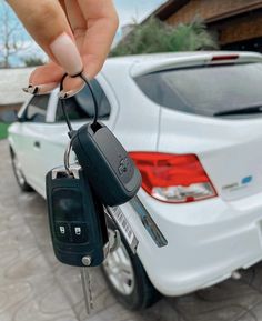 a hand holding two car keys in front of a white car with the door open