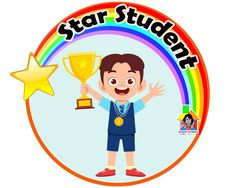 a young boy holding a trophy in front of a rainbow and star student award sign