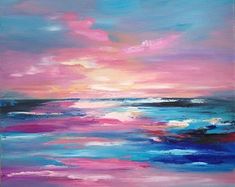 an abstract painting with pink, blue and purple colors on the water at sunset or sunrise