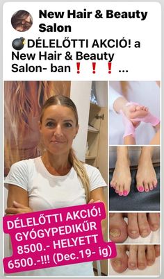 a woman with pink nail polish on her feet and the words new hair & beauty