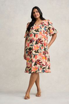 Printed Swing Dress - Joyful Floral Print Multicolor Floral Print V-neck Summer Dress, Oversized V-neck Floral Print Dress, Multicolor Floral Print Dress With 3/4 Sleeves, Multicolor Floral Print Summer Cover-up, Multicolor Floral Print V-neck Kimono, Spring Wear, Work Wear Women, V Neckline, Knitwear Cardigan