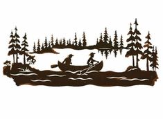 a metal wall art depicting two people in a canoe on a lake surrounded by trees