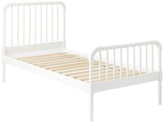 a white bed frame with wooden slats