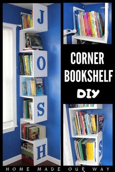 the corner bookshelf is made out of cardboard and has letters painted on it