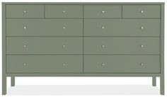 a green dresser with six drawers and two handles