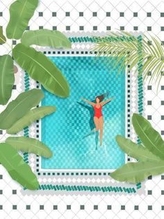 a woman in a red swimsuit standing on the edge of a swimming pool surrounded by palm leaves