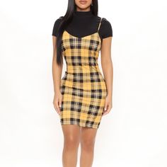 Nwot. Bought For Myself, But It Was Too Small. Never Used. Ribbed Top Mock Neck Short Sleeve Mini Dress Spaghetti Strapps V Neck Stretchy 95% Polyester, 5% Spandex Joshua Bassett Concert, Yellow Plaid Dress, Mock Neck Short Sleeve, Concert Fit, Joshua Bassett, Closet Makeover, Concert Fits, Fashion Nova Dress, Yellow Plaid