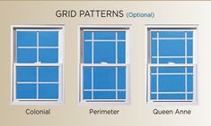 three different types of windows with the words grid patterns options on each window pane