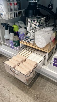 the inside of a refrigerator filled with cleaning products