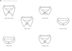 A set of vector shirt collars to make your technical drawings and tech packs look even more professional. Includes:  - button down shirt collar  - spread shirt collar  - classic shirt collar  - mandarin shirt collar  - band shirt collar  - rounded shirt collar  - wing tip shirt collar  - oversize shirt collar  - bar-pin shirt collar  - notched shirt collar  - Cuban shirt collar All elements are created in Adobe Illustrator. Custom colour and size can be applied. Upon the purchase you will receiv Shirt Collar Drawing Reference, Collars Drawing, Shirt Collar Drawing, Collar Technical Drawing, Collared Shirt Drawing, Collar Drawing, Formal Shirt Design, Dress Shirt Collar Styles, Shirt Collar Types