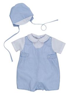 Petit Ami Gingham Romper With Hat. This adorable romper features hand pintuck details and comes with a matching hat. It's the perfect outfit for special occasions. Couture, Traditional Baby Boy Clothes, Vintage Baby Boy Clothes, Spanish Outfits, Gingham Romper, Vintage Baby Boys, Group Counseling, Jon Jon, Baby Dedication