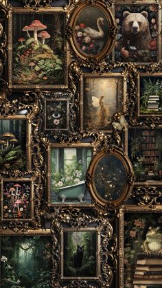 a wall covered in pictures and framed artwork