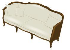 a white couch with brown trim and pillows on it's back end, viewed from the front