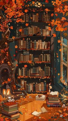 an image of a room with books on the shelves and leaves falling from the trees