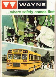 a yellow school bus parked next to a man in white coat and tie with other people around it