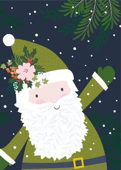 a christmas card with a santa clause holding flowers