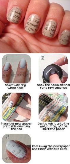 DIY Newspaper nails. SO COOL!!!!!!! Newspaper Nail Art, Newspaper Nails, Nail Art Diy Easy, Unghie Nail Art, Manicure Tips, Nail Art Supplies, Short Hairstyle, Manicure Y Pedicure, Nail Art Tutorial