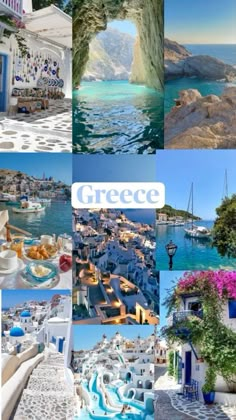 a collage of photos with the words greece written in different languages and pictures of various places around the world