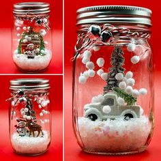 three pictures of a glass jar with snow and christmas decorations in it, including an ornament