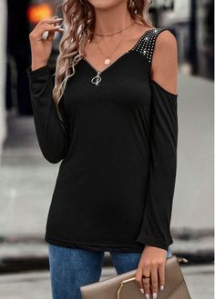 Color:Black;Size:3XL;Package Contents:1 X T Shirt;Occasion:Other;Style:Casual; Black V Neck Long Sleeve, Shirt Sale, Womens Clothing Tops, Quarter Zip, Style Casual, Long Sleeve T Shirt, Neck T Shirt, Cold Shoulder, V Neck T Shirt