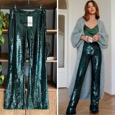 Zara Green Sequin Pants Size Xs. Sold Out! Limited Edition Zara Sequin Pants, Green Sequin Pants, Green Sequin Pants Outfit, Sequin Pants Outfit, Outfits Pantalon Verde, Sequins Pants Outfit, Bling Outfits, Sequined Pants, Sparkly Pants