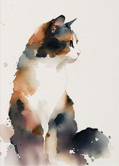 a watercolor painting of a cat sitting down