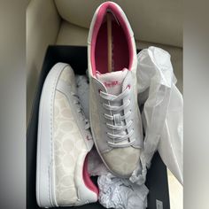 New In Box White, Cream And Pink Coach Tennis Shoes Pink Coach Shoes, Coach Shoes Outfit, Coach Women Shoes, Tenis Coach, Backless Sneakers, Coach Shoes Women, Monogram Shoes, Black Sneakers Women, Coach Tennis Shoes