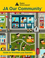 a book cover for ja our community guide for volunteers and teachers, with illustrations of children on the streets