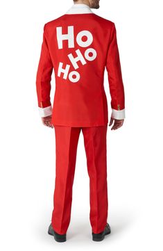 Do you like to dress like Santa during Christmas-time, but want to add an extra bit of flair to your outfit? We've got you covered with this classy Santa suit. The jacket has a faux-fur notched lapel, which makes your Santa outfit not only stylish, but also gives you that cozy, Christmas spirit. The slim fit outfit consists of a jacket, pants and a tie. The pants have an elastic waistband for a comfortable fit. 33 1/2" inseam; 15 1/2" leg opening Jacket has two-button closure; notched lapels; ch Holiday Red Fitted Suit, Santa Suit Ideas, Men’s Red Christmas Outfit, Santa Suits For Sale, Christmas Suit, Santa Outfit, Santa Suits, Red Suit, Suit Fashion