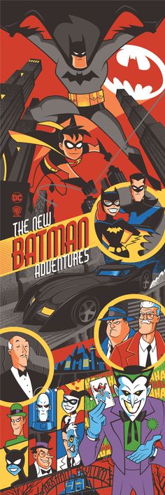 the new batman adventures movie poster with many different characters and their names on it's cover