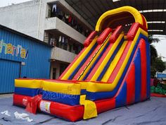 an inflatable water slide is on the ground