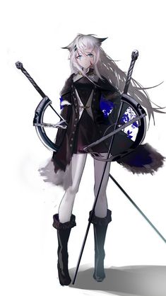 a drawing of a woman holding two swords and wearing black clothing with white hair, standing in front of a white background