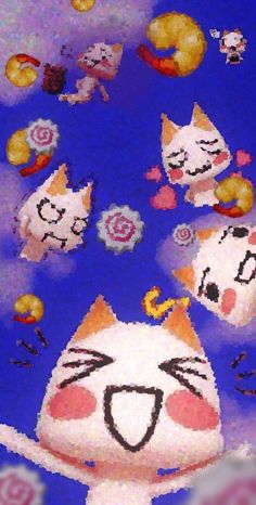 an image of cats flying through the air with flowers and hearts on it's face