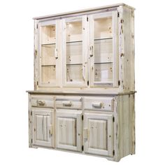 an old white china cabinet with glass doors and drawers on the bottom, in front of a white background