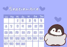 a calendar with a penguin on it and hearts around the month, in spanish language