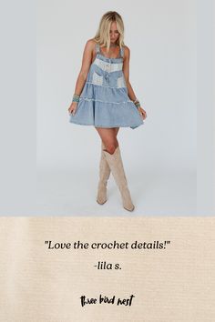 The ultimate boho piece is the Petal Pockets Crochet Denim Dress and lucky for you this one is a showstopper! Comfortable, Cotton fabric with crochet details throughout Overall mini dress style silhouette Square neckline with button up front closure Tiered bodice with frayed edge for added boho style Convenient pockets including two slanted front patch pockets Pair with: Eye Of The Sun Padded Bralette, Kind One Graphic Tee, and Sparrows Song Necklace. *Due to lighting and differences in monitors Mini Dress Style, Boho Essentials, Bralette Outfit, Padded Bralette, Sparrows, Crochet Details, New Tops, Square Neckline, Trending Accessories