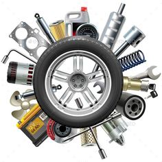 an assortment of car parts arranged in the shape of a wheel